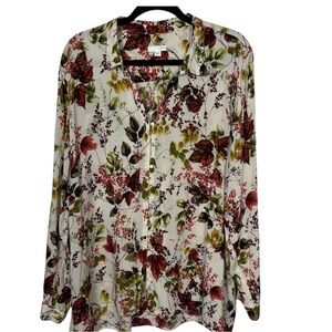 J. Jill Floral Button-Down Shirt - Cream, Red, Green